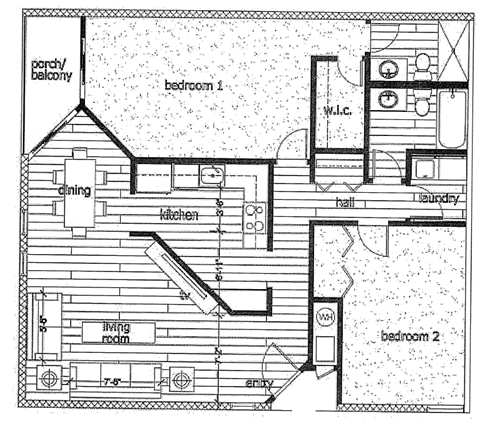 Floor plan for 2 beds, 2 baths, 1125 sqft